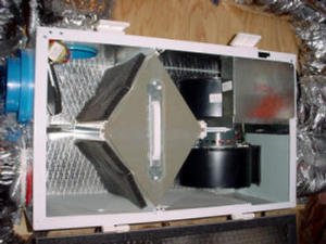 Inside of a heat recovery ventilation (ERV) or energy recovery unit. Photo courtesy of IBACOS and US DOE/NREL